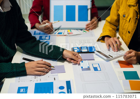 UX developer and ui designer brainstorming about mobile app interface wireframe design with customer breif and color code, User experience concept.. 115783071