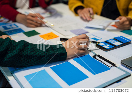 UX developer and ui designer brainstorming about mobile app interface wireframe design with customer breif and color code, User experience concept.. 115783072
