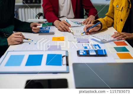UX developer and ui designer brainstorming about mobile app interface wireframe design with customer breif and color code, User experience concept.. UX developer and ui designer brainstorming about mobile app interface wireframe design with customer breif and color code, User experience concept.. 115783073