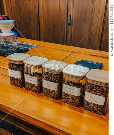 Wooden box coffee beans 115783588