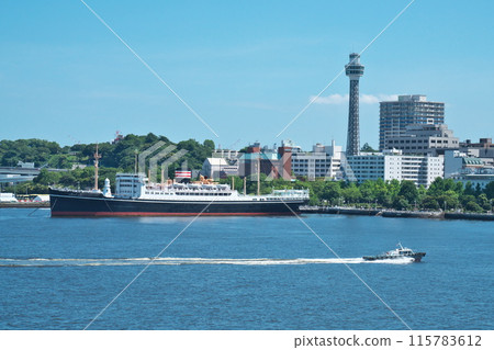 Summer: View of Yokohama Port's Marine Tower and Hikawa Maru from Osanbashi Pier Summer: View of Yokohama Port's Marine Tower and Hikawa Maru from Osanbashi Pier 115783612