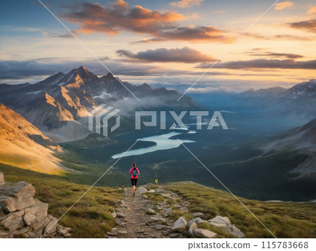 沐浴在夕陽下的山脈和登山者 115783668