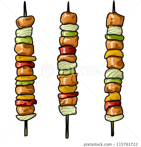 Chopsticks with skewers and vegetables grilled on a transparent background. Vector illustration Chopsticks with skewers and vegetables grilled on a transparent background. Vector illustration 115783722