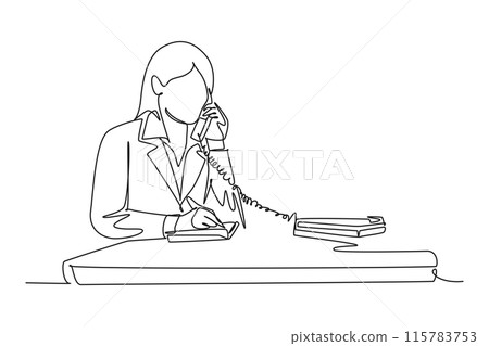 Single continuous line drawing young assistant manager receiving a phone and writing down her boss needs on piece of paper. Manager direction. Dynamic one line draw graphic design vector illustration 115783753