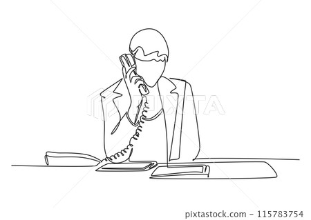Single continuous line drawing of young female employee receiving complain call from furious customer with calm and relax. Customer service excellent. One line draw graphic design vector illustration Single continuous line drawing of young female employee receiving complain call from furious customer with calm and relax. Customer service excellent. One line draw graphic design vector illustration 115783754