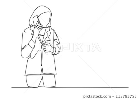 Single continuous line drawing of young businesswoman walking to the office and talking on smartphone with her business partner. Business call concept. One line draw graphic design vector illustration 115783755