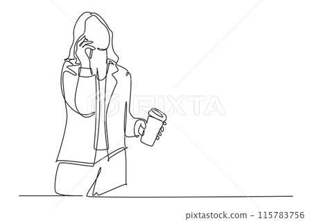 Single continuous line drawing female marketing manager discuss sales strategy with staff on phone while holding cup of coffee. Drinking tea concept. One line draw graphic design vector illustration 115783756