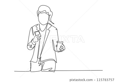 Single continuous line drawing young female employee talking with her partner on the phone while holding a cup of coffee drink. Drinking tea concept. One line draw graphic design vector illustration Single continuous line drawing young female employee talking with her partner on the phone while holding a cup of coffee drink. Drinking tea concept. One line draw graphic design vector illustration 115783757