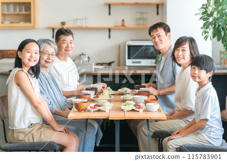 Dining room at home, family eating at the table, three-generation family, family Dining room at home, family eating at the table, three-generation family, family 115783901