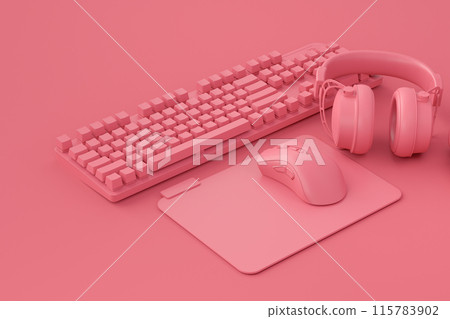 Modern home office setup featuring keyboard, mouse and headphones 115783902