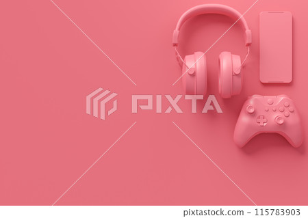 Flying gamer gears like headphones, mobile and joystick on monochrome background Flying gamer gears like headphones, mobile and joystick on monochrome background 115783903