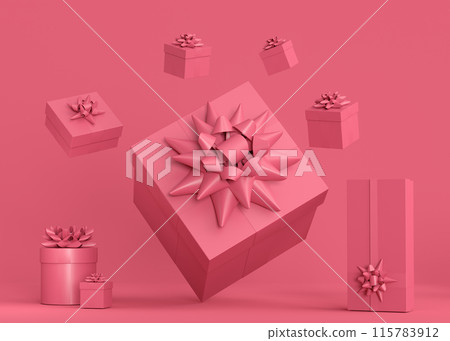 Gift boxes with ribbon and bow for Christmas flying and falling on monochrome 115783912