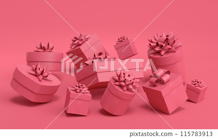 Gift boxes with ribbon and bow for Christmas flying and falling on monochrome 115783913
