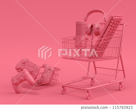 Flying gamer gears like mouse, keyboard, joystick, headset, VR on monochrome Flying gamer gears like mouse, keyboard, joystick, headset, VR on monochrome 115783923