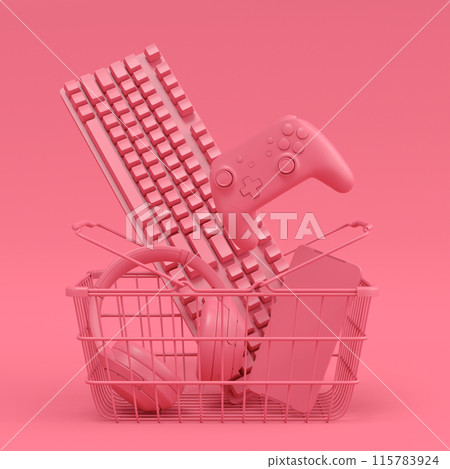 Top view gamer gears like joystick, keyboard, mobile phone, headphones 115783924