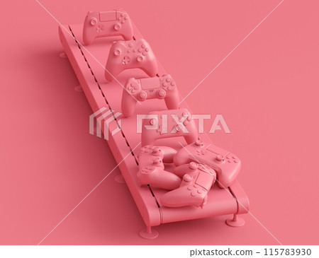 Set of gamer joysticks or gamepads on factory line on monochrome background 115783930