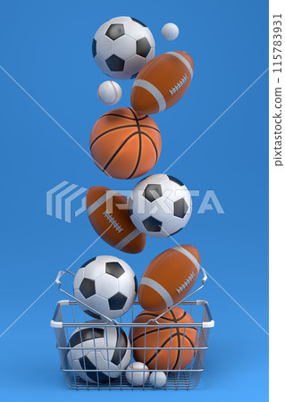 Set of ball like basketball, football and golf in shopping basket on blue 115783931