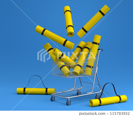 Sport equipment like yoga mat for fitness or crossfit in shopping cart on blue 115783932