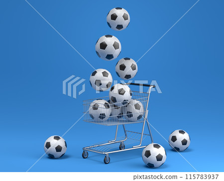 Set of ball like basketball, football and golf in shopping cart on blue 115783937