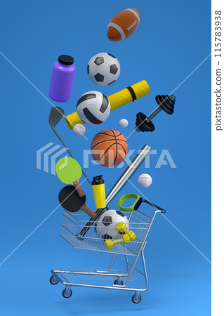 Sport equipment for fitness, gym, crossfit in shopping cart on blue 115783938