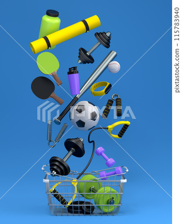 Sport equipment for fitness, gym, crossfit in shopping basket on blue Sport equipment for fitness, gym, crossfit in shopping basket on blue 115783940