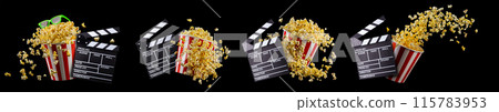 Paper bucket with popcorn, cup of drink and video game joystick on black Paper bucket with popcorn, cup of drink and video game joystick on black 115783953