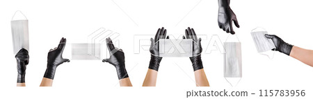 Hand in black gloves wearing disposable face mask isolated on white background 115783956