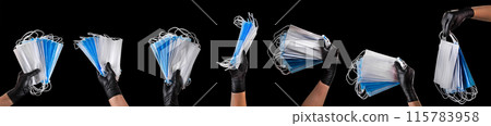 Hand in black gloves wearing disposable face mask isolated on black background 115783958