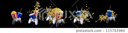 Paper bucket with popcorn, cup of drink and video game joystick on black 115783960