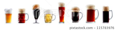 Set of beer cocktails with foam isolated on white background Set of beer cocktails with foam isolated on white background 115783976
