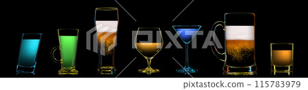 Silhouette of multicolor neon different glasses on black background Silhouette of multicolor neon different glasses on black background 115783979