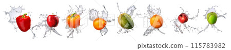 Group of fruits with water splash isolated on white background Group of fruits with water splash isolated on white background 115783982