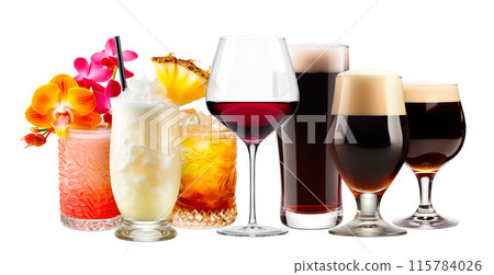 Set and collection of classic alcohol cocktails, beer and mocktail isolated on white background with fresh summer fruits 115784026