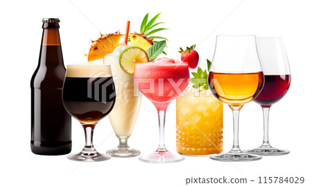 Set and collection of classic alcohol cocktails, beer and mocktail isolated on white background with fresh summer fruits 115784029