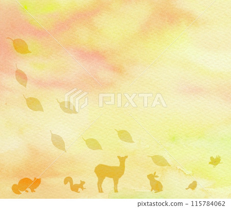 秋天的框架，山地動物站在受秋葉啟發的背景下。使用水彩漸層的插圖。 115784062