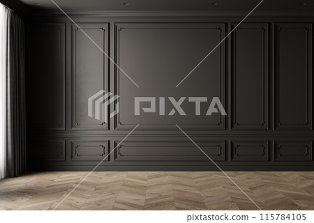 Classic empty black interior with moldings, chevron wood floor and curtains. 3d render illustration mockup. 115784105