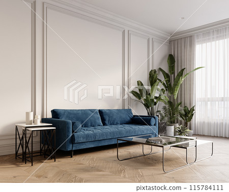 White contemporary classic interior with blue velour sofa, coffee tables, moldings, potted tropical plants and decor. 3d render illustration mockup. 115784111