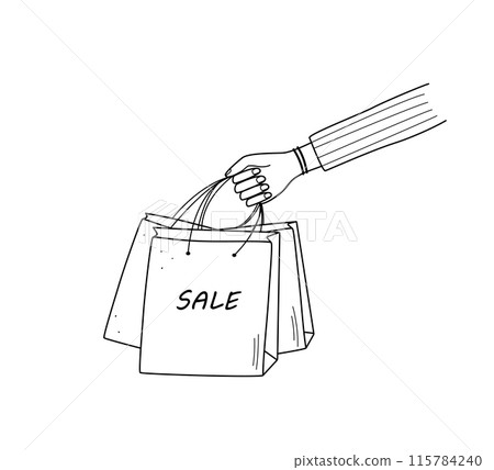 Hand girl with shopping bags doodle style. Vector illustration of the shopping concept. The inscription is Sale. Hand girl with shopping bags doodle style. Vector illustration of the shopping concept. The inscription is Sale. 115784240