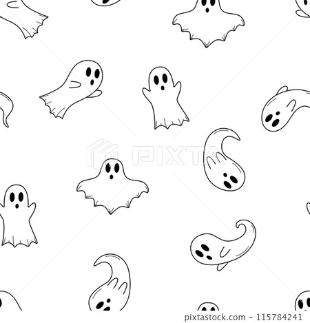 Seamless cartoon ghost pattern. Vector doodle illustration. Halloween haunted background. Seamless cartoon ghost pattern. Vector doodle illustration. Halloween haunted background. 115784241