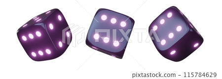Casino gambling game dice. Iridescent dice with neon colors. Purple dice. 3d render Casino gambling game dice. Iridescent dice with neon colors. Purple dice. 3d render 115784629