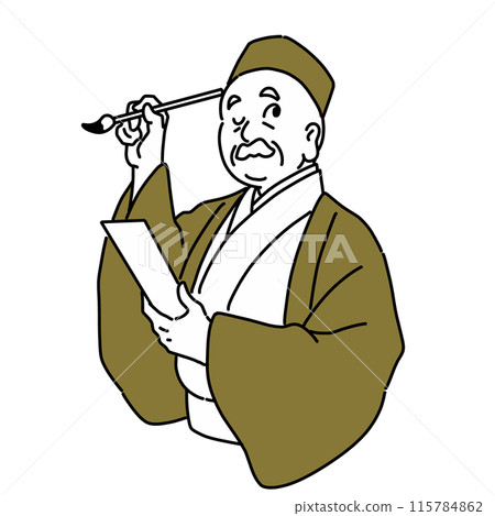 An old man in kimono contemplating haiku 115784862
