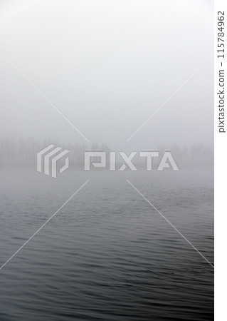 foggy day on the lake in winter season foggy day on the lake in winter season 115784962