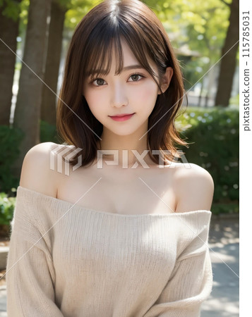 一個中等頭髮的女人在公園裡溫柔地微笑 115785031