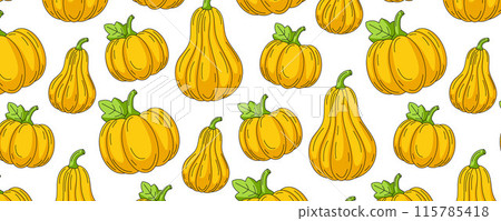 Pumpkin and butternut squash, vegetables seamless pattern, isolated white background. Veggies colorful vector icons set, horizontal banner. For cover, wrapping paper, textile print Pumpkin and butternut squash, vegetables seamless pattern, isolated white background. Veggies colorful vector icons set, horizontal banner. For cover, wrapping paper, textile print 115785418