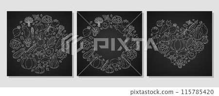 Set of square card heart and round shape form with farm fresh vegetables and greens. Veggies vector white line icons, isolated dark background. Organic products. For poster, menu, social media 115785420