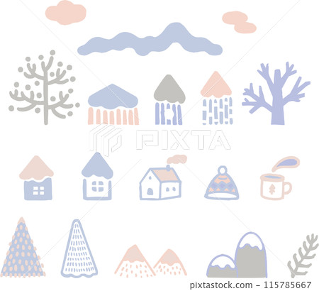 圖標，裝飾，裝飾，冬天，房子，樹，山，手繪，印刷品，郵票，簡單插畫素材集 115785667