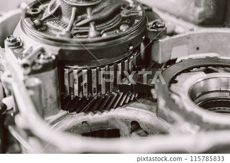 Closeup Motor Engine Clutch Gear, Auto Garage Motor racing part service workshop. Black and White. 115785833