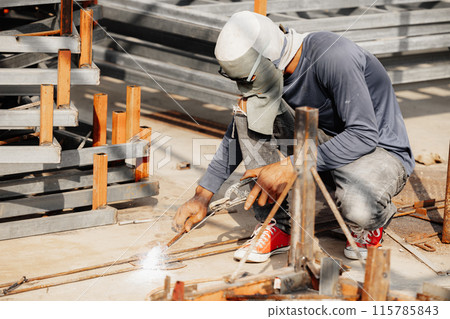 Barehanded Danger Unsafety Poor Industrial Worker Welding Metal on Construction Site Barehanded Danger Unsafety Poor Industrial Worker Welding Metal on Construction Site 115785843