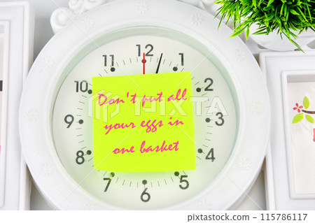 Concept Image. Do not put all your eggs in one basket Message the inscription on the sticker glued to the watch 115786117