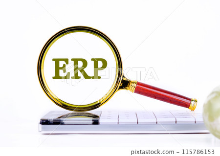 Enterprise Resource Management ERP word written through the lens of a magnifying glass on a light background 115786153